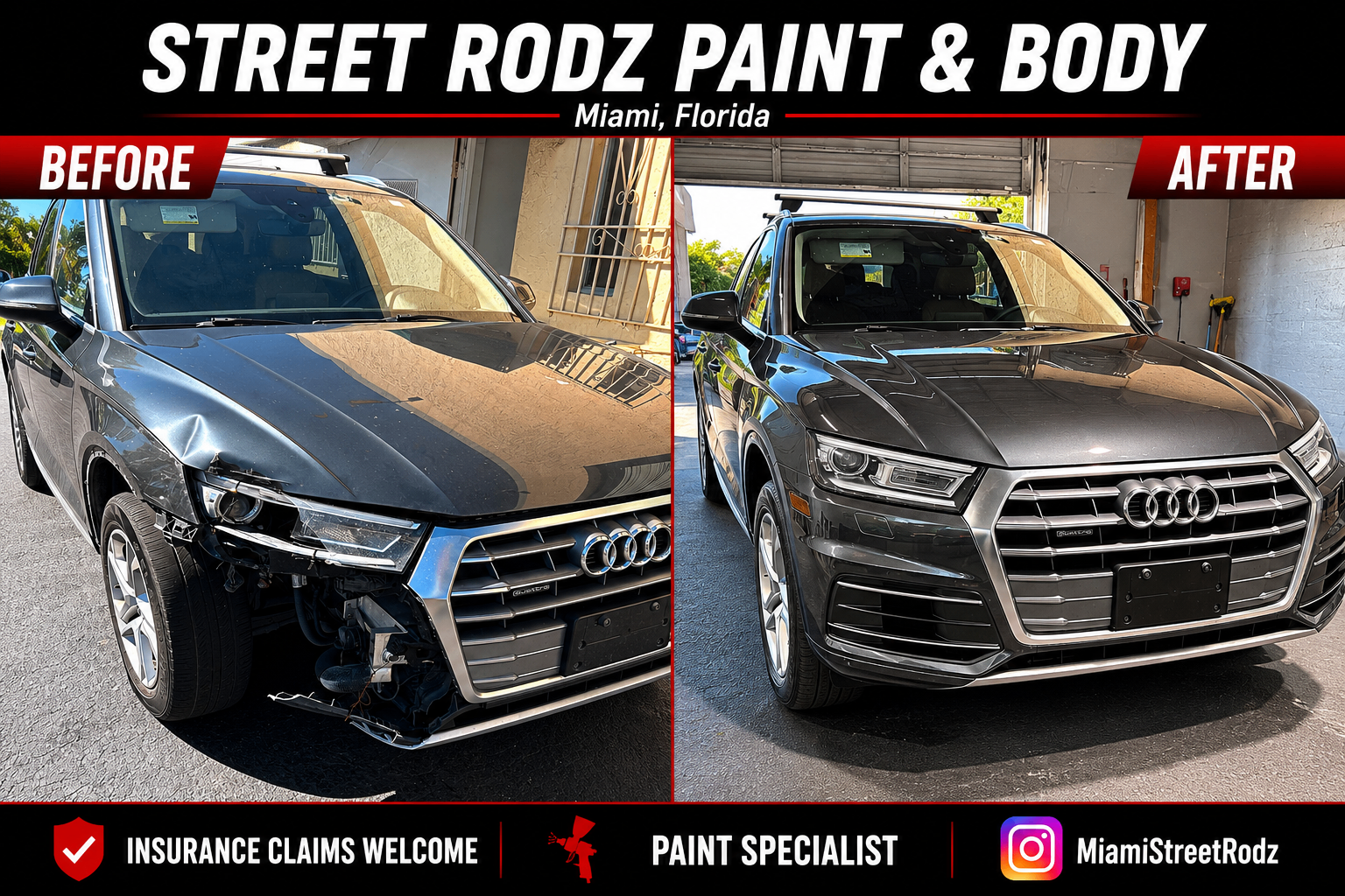 Audi Q5 before and after front end collision repair