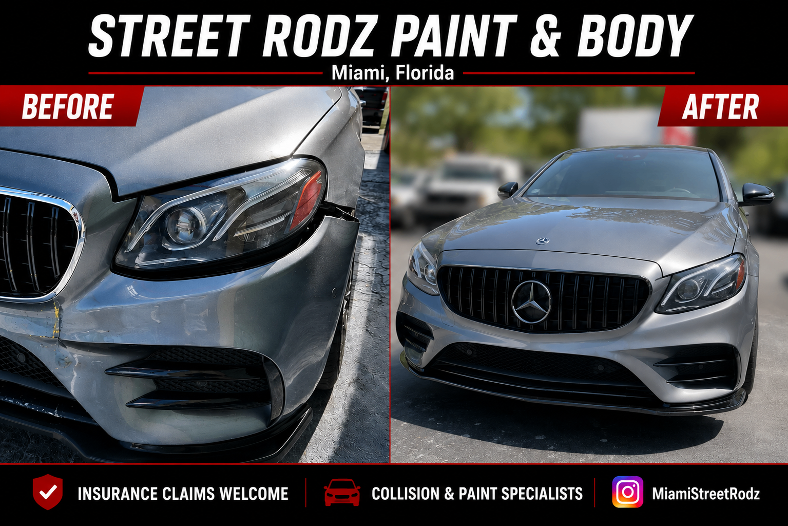 Mercedes before and after front bumper repair