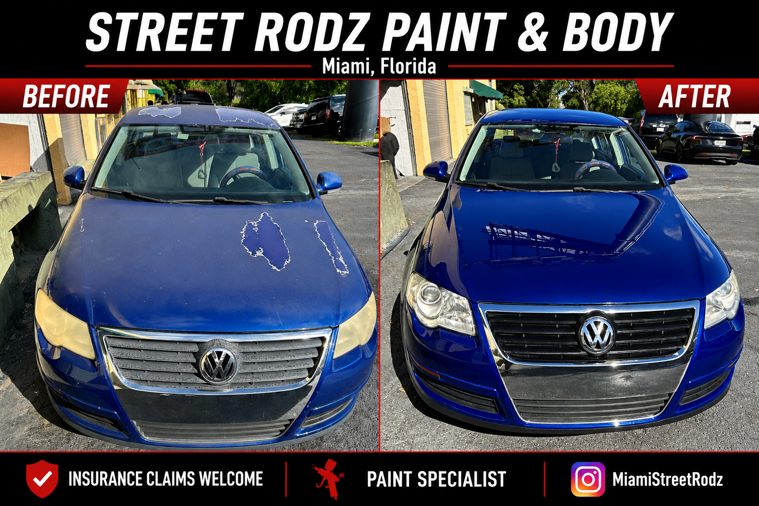 Blue Volkswagen before and after paint restoration